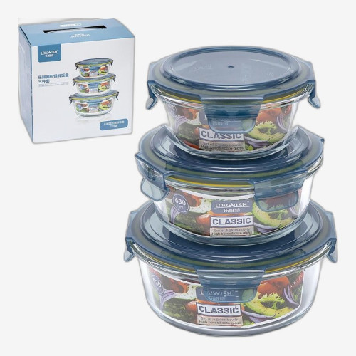 Набір харчових контейнерів 3 шт круглі скло 370/630/930 мл LXYW/L3