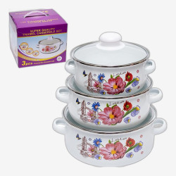 Набор эмалированных кастрюль 3шт 1,1/1,6/2,3л с крышками D16/18/20см 671DG-0042