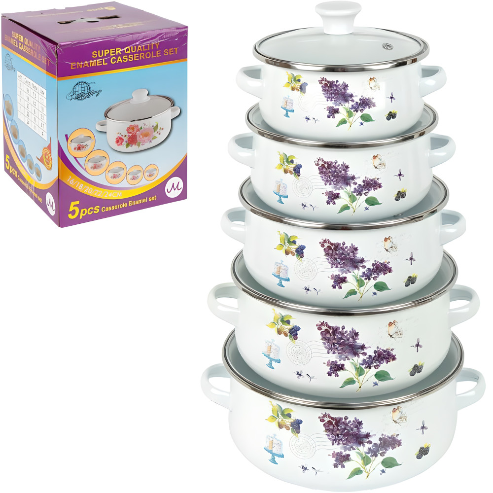 Набор эмалированных кастрюль 5шт 1,1/1,6/2,3/3,1/4л с крышками D16/18/20/22/24см