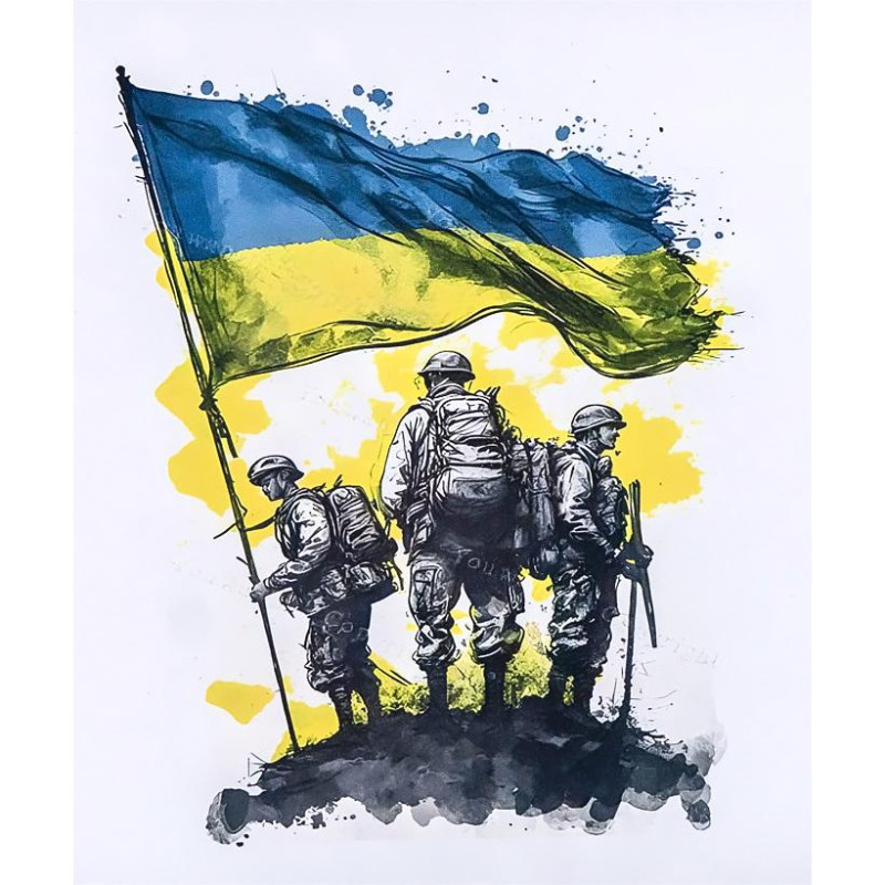 Алмазна мозаїка 40х50 см на рамі «Троє воїнів із прапором»