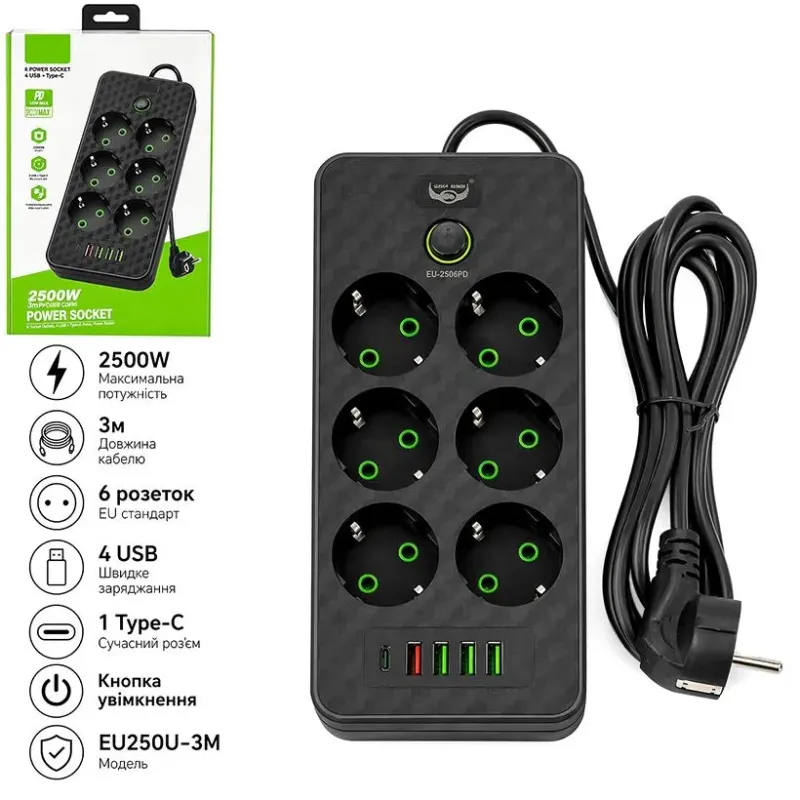 Сітьовий фільтр-подовжувач 3м 6 розеток + 4 USB Type-C EU250U