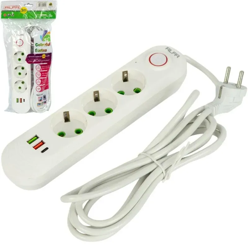 Подовжувач електричний 3 розетки, 3м, 2USB+Type-C, вимикач
