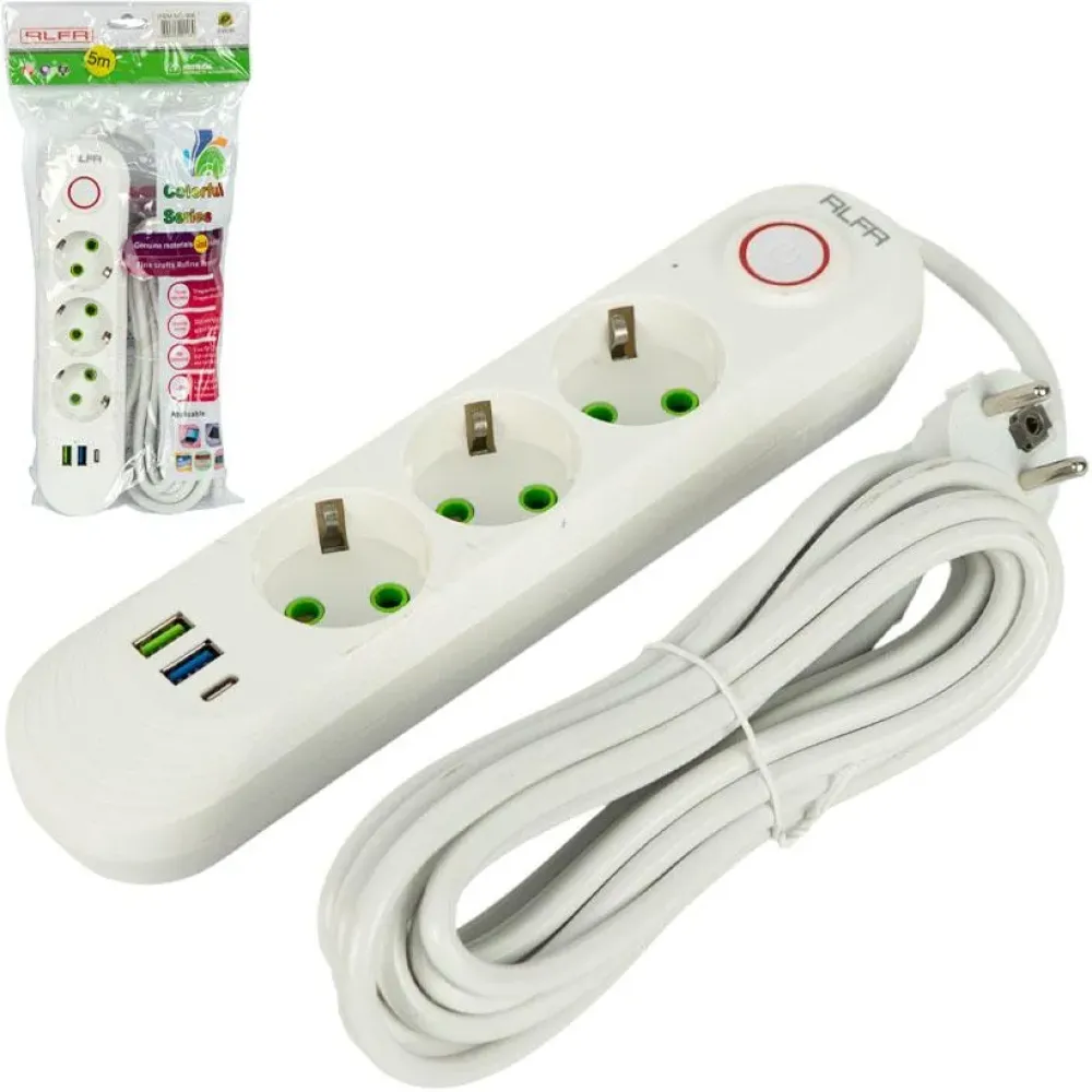 Подовжувач електричний 3 розетки 5м USB Type-C вимикач