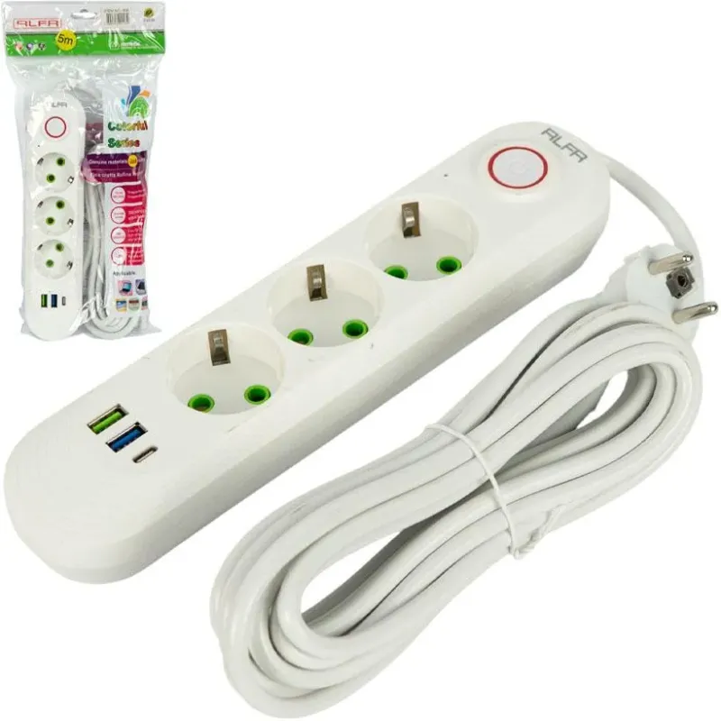 Подовжувач електричний 3 розетки 5м USB Type-C вимикач