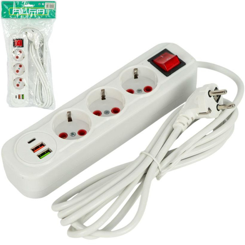 Мережевий фільтр подовжувач 3м на 3 розетки з 2 USB + 1 Type-C та вимикачем