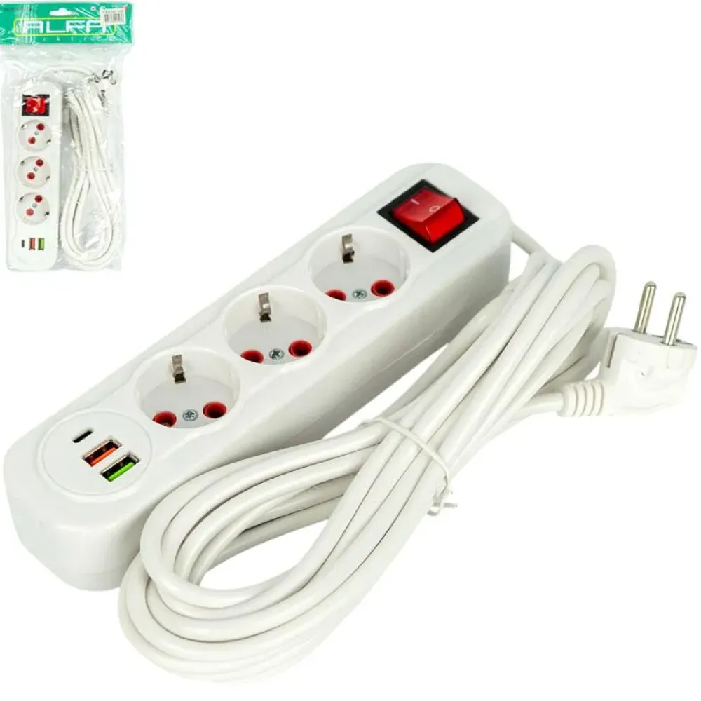Подовжувач електричний 3 розетки 5м з USB та Type-C
