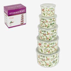 Набор эмалированных мисок-контейнеров 5шт 0,4/0,6/0,8/1/1,2л с крышками D10/12/14/16/18см 7043-14