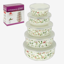 Набор эмалированных мисок-контейнеров 5шт 0,2/0,4/0,6/0,8/1л с крышками D10/12/14/16/18см 7043-17