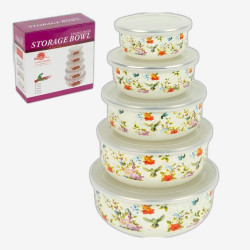 Набор эмалированных мисок-контейнеров 5шт 0,2/0,4/0,6/0,8/1л с крышками D10/12/14/16/18см  7043-18