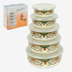 Набор эмалированных мисок-контейнеров 5шт 0,2/0,4/0,6/0,8/1л с крышками D10/12/14/16/18см 7043-19
