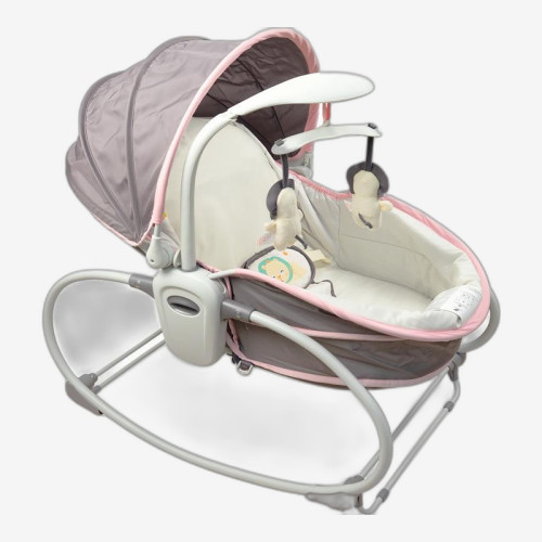Многофункциональная люлька-качалка 5-в-1 для новорождённых, с вибрацией и капюшоном (Mastela 6033) серо-розовая