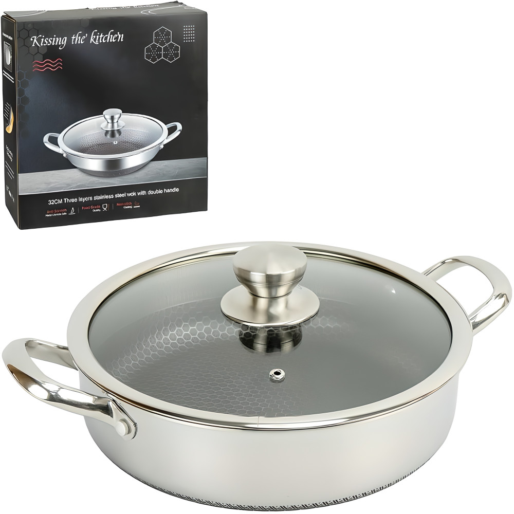 Сковорода-сотейник нержавіюча велика зі стільниками з кришкою