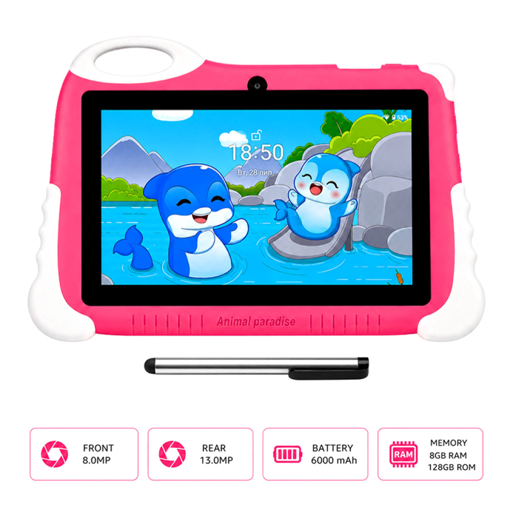 Дитячий планшет 7 дюймів Android 14, чохол рожевий