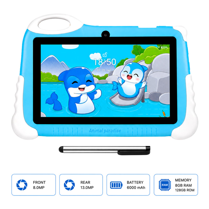Дитячий планшет 7 дюймів Android 14, чохол синій