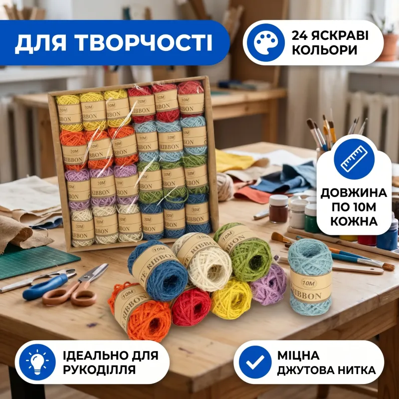 Набор джутовых ниток 24 мотка по 10м цветные для творчества