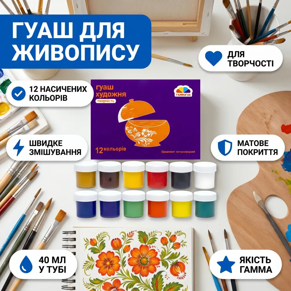 Гуашь художественная 12 цветов, 40мл 