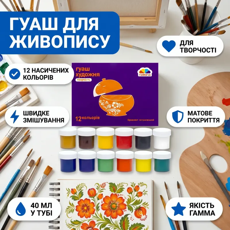 Гуашь художественная 12 цветов, 40мл 