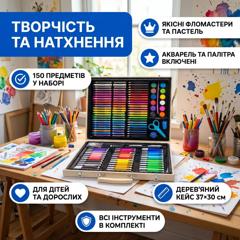 Художественный набор для рисования 150 предметов в деревянном кейсе