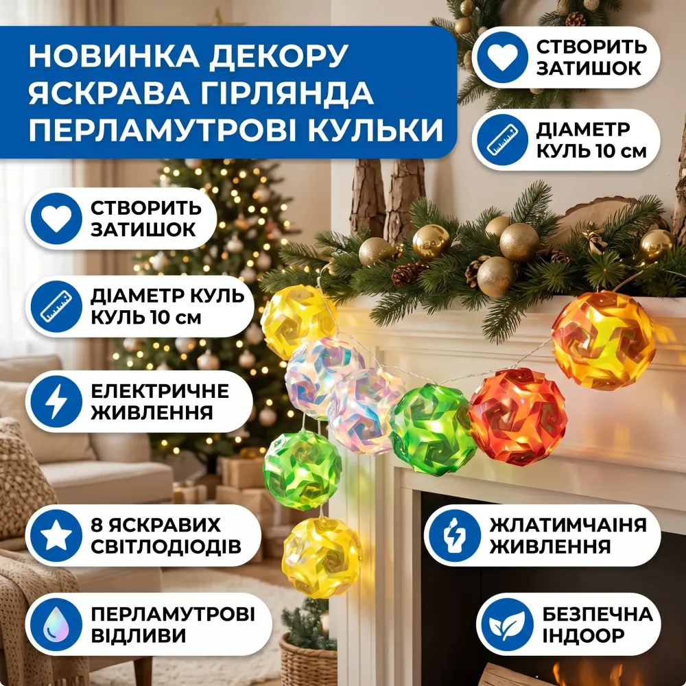 Гирлянда электрическая шары цветные перламутровые 8 шт