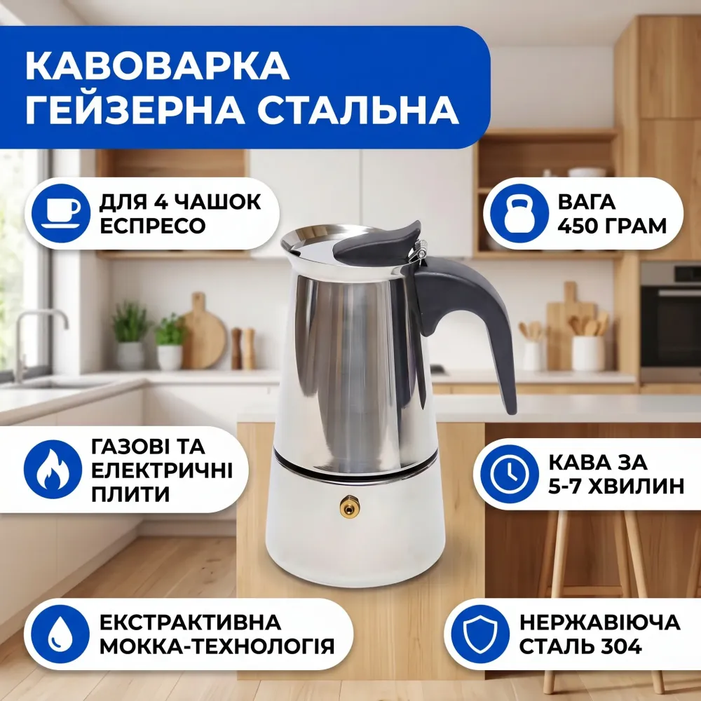 Кофеварка гейзерная 4 чашки эспрессо из нержавейки