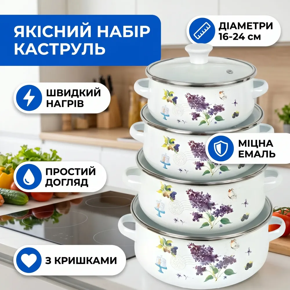 Набір емальованих каструль 5шт 1,1/1,6/2,3/3,1/4л з кришками D16/18/20/22/24см 6