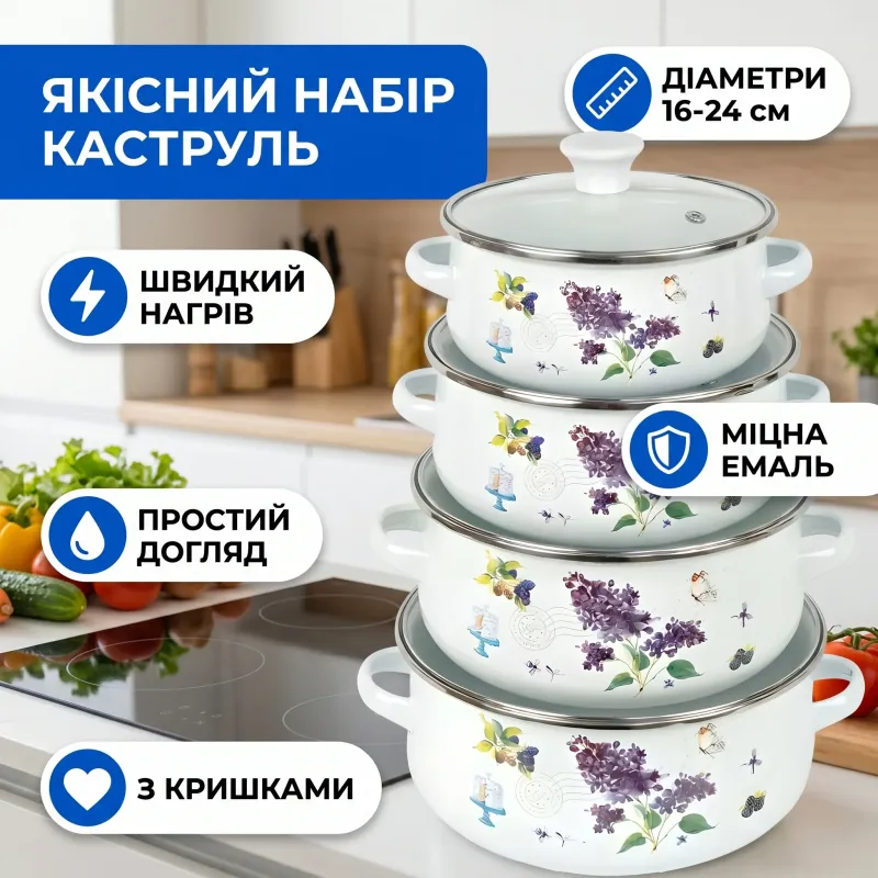 Набір емальованих каструль 5шт 1,1/1,6/2,3/3,1/4л з кришками D16/18/20/22/24см 6