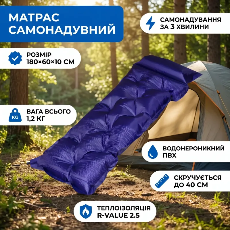 Матрас туристичний самонадувний 180х60х10 см