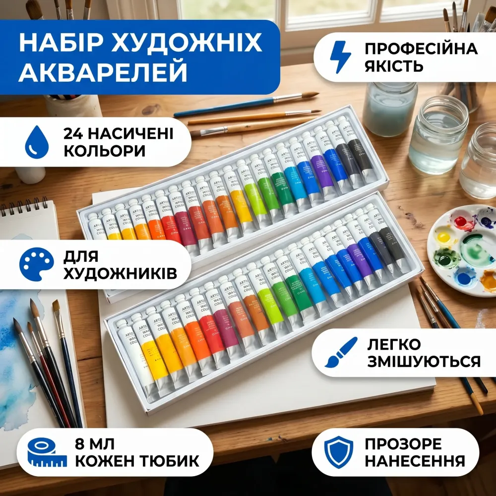 Фарби акварельні Artist's Water Colour професійні 24 кольори 8 мл