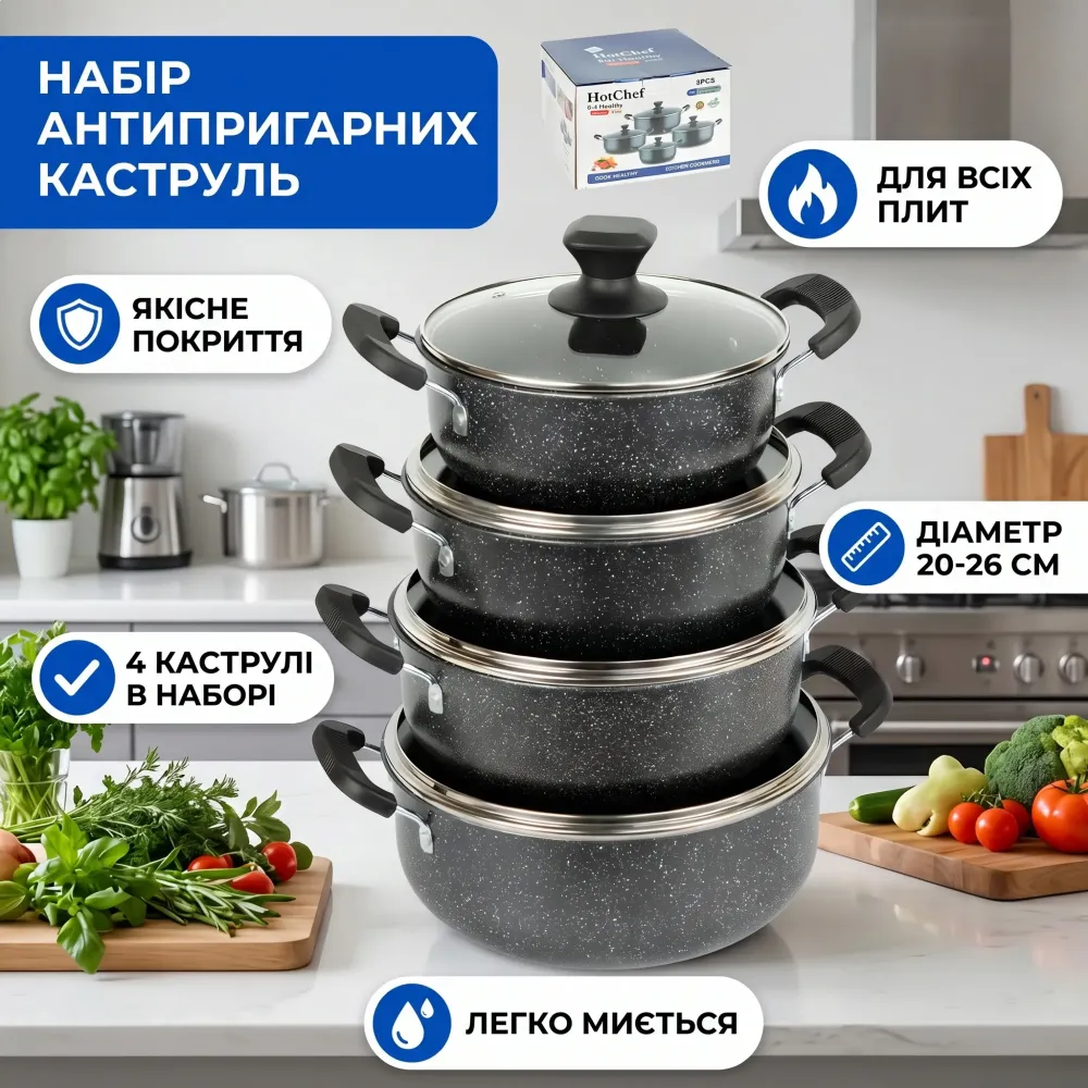 Набор кастрюль антипригарные 4 шт средние с крышками