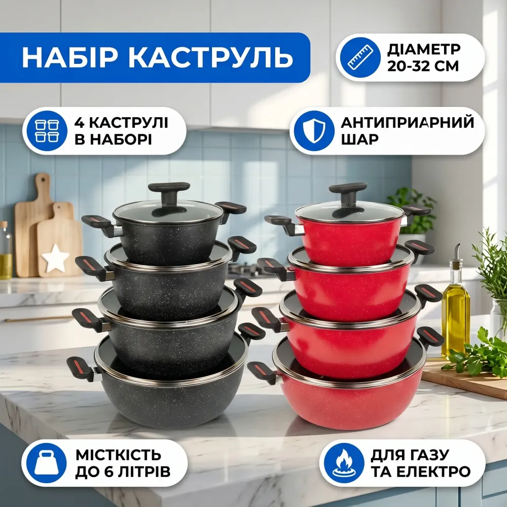 Набір каструль антипригарні 4 шт високої ємності з кришками