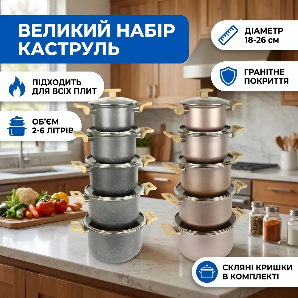 Набір каструль антипригарні 5 шт великих з кришками