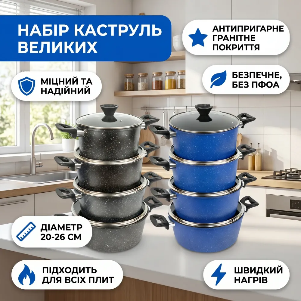 Набор кастрюль антипригарные 4 шт большие с крышками