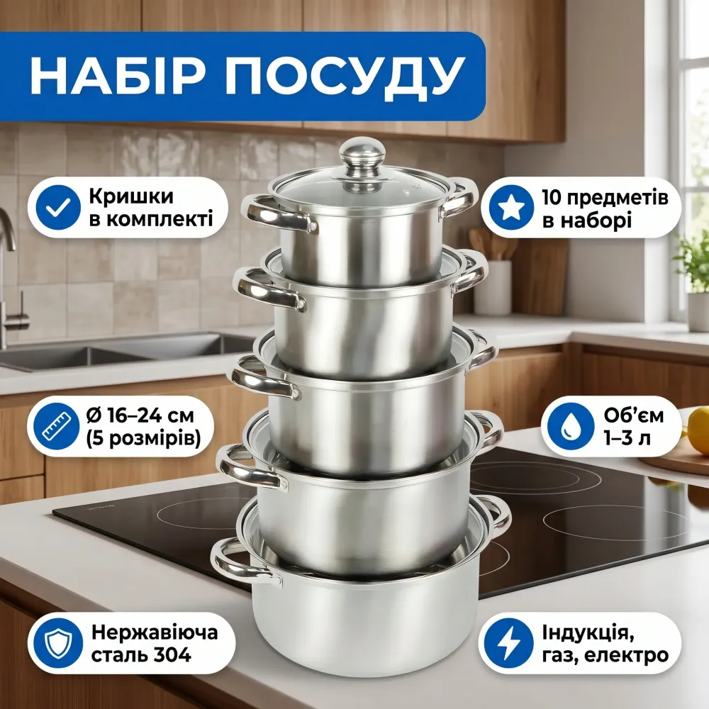 Кухонная посуда Ø 16/18/20/22/24 см, 10 шт (5 каструль + 5 кришок) пр.