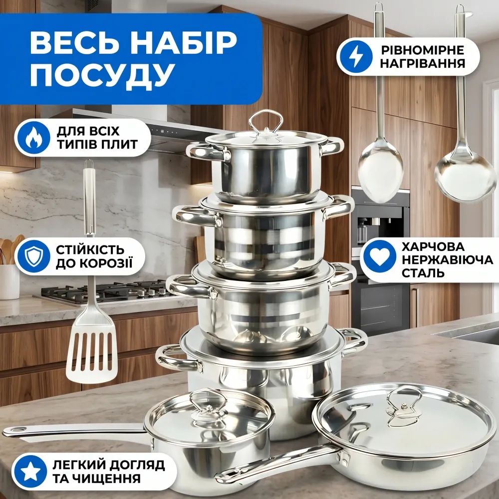 Набор посуды из нержавеющей стали 15 предметов с крышками