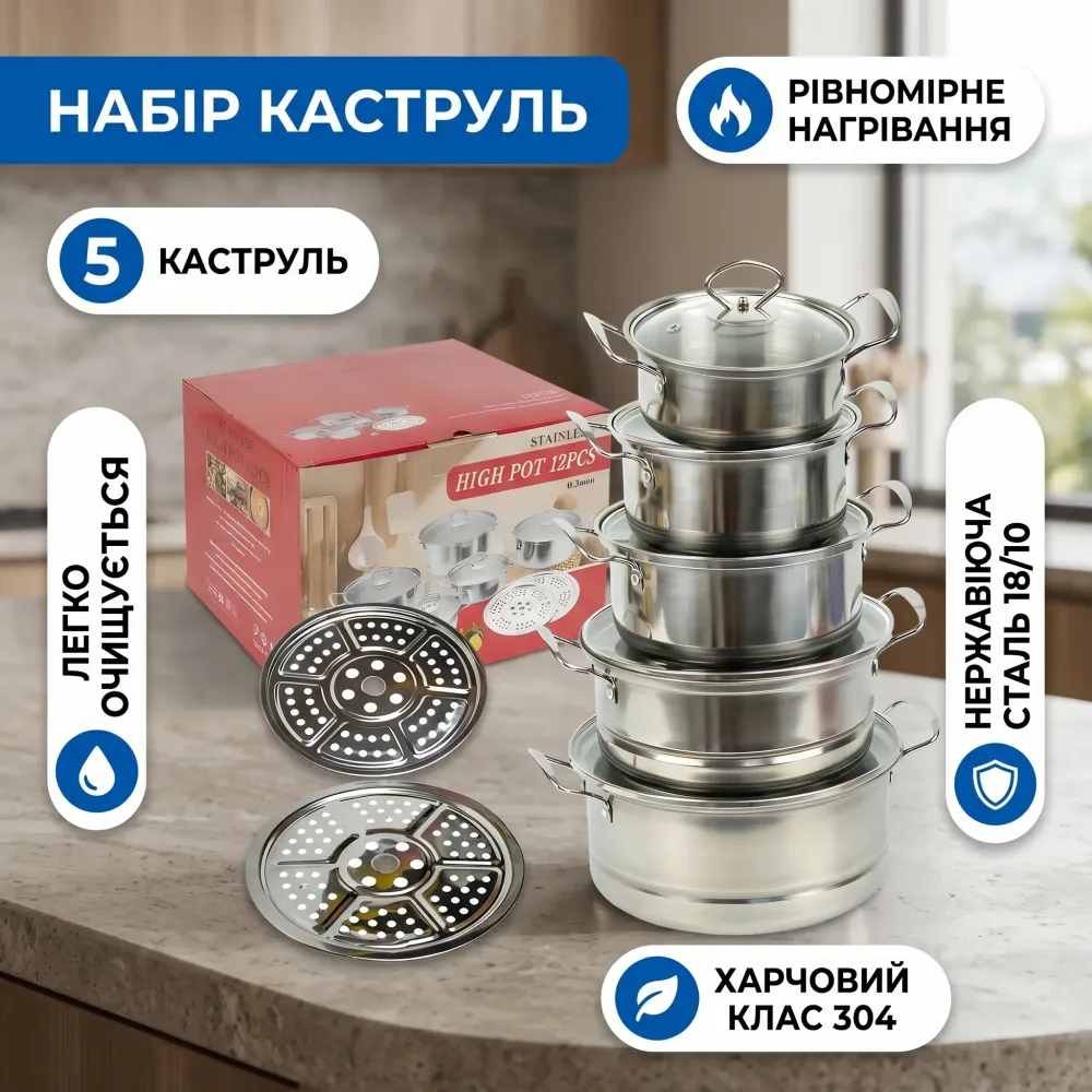 Набор кастрюль из нержавеющей стали 5шт 0,75/1/1,5/2/3л с крышками D16/18/20/22/