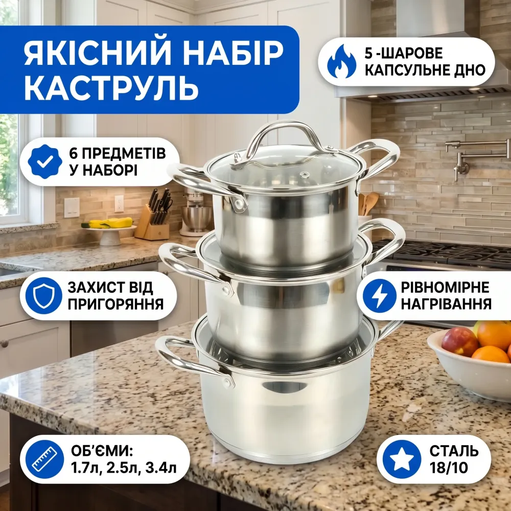 Набір каструль із нержавіючої сталі 3шт 1,7/2,5/3,4л із 5-шаровим дном та кришка