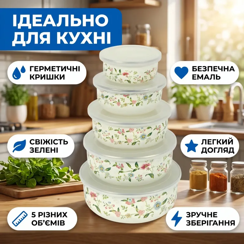 Контейнери емальовані 5 шт 0,2-1л з кришками 7043-17
