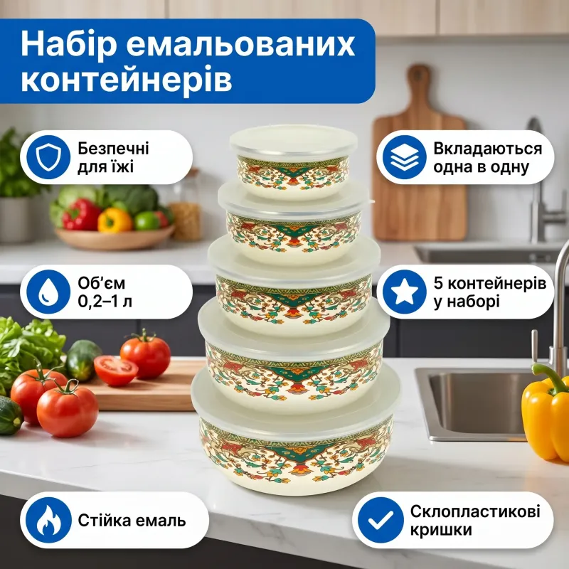 Контейнеры эмалированные 5 шт 0,2-1л с крышками 7043-19