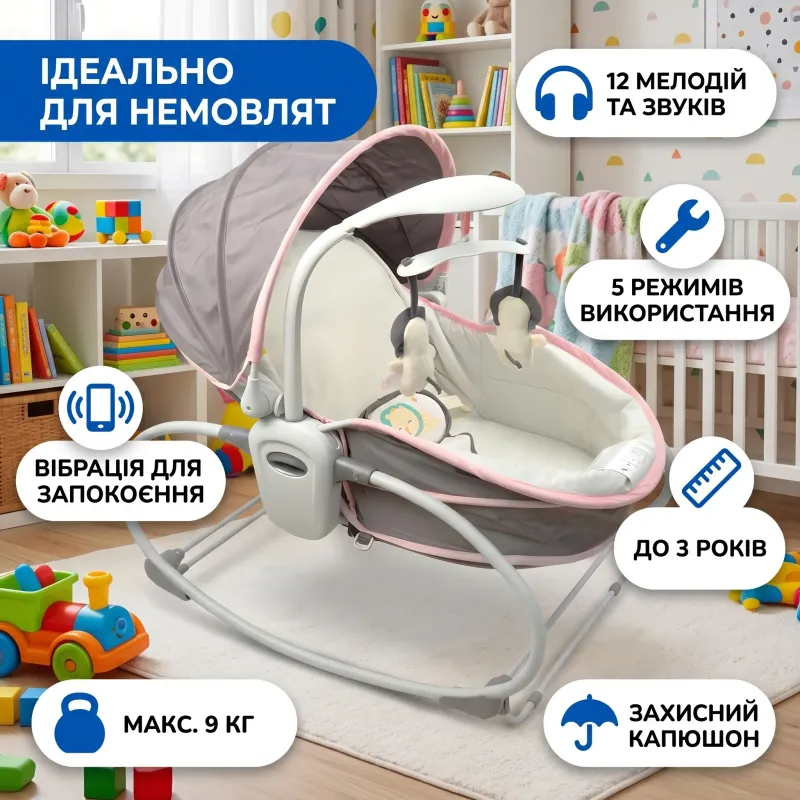Люлька-гойдалка Mastela 6033 сіро-рожева 5-в-1 новонароджені