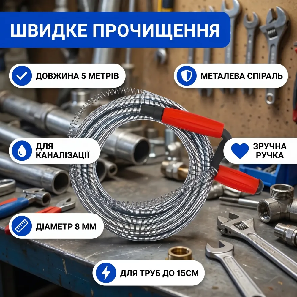 Трос сантехнический для прочистки труб 5 м