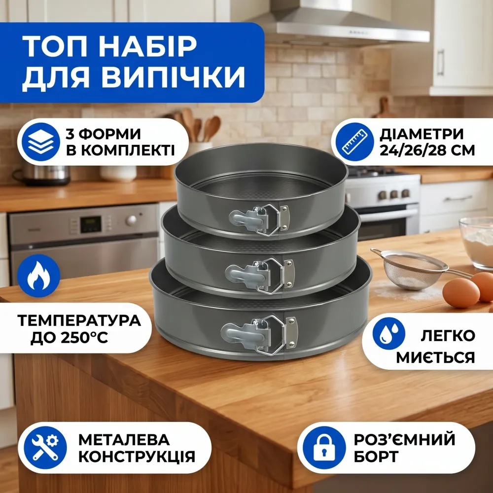 Форми для випічки роз'ємні Ø 24/26/28 см 3 шт металеві